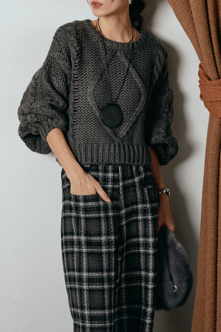[SET]ロービングケーブルショート丈プルオーバー+ルーズタータンチェックワイドパンツ(2set)