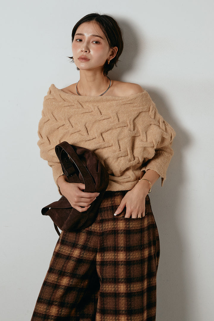 [SET]ボートネックニットトップス+ルーズタータンチェックワイドパンツ(2set)
