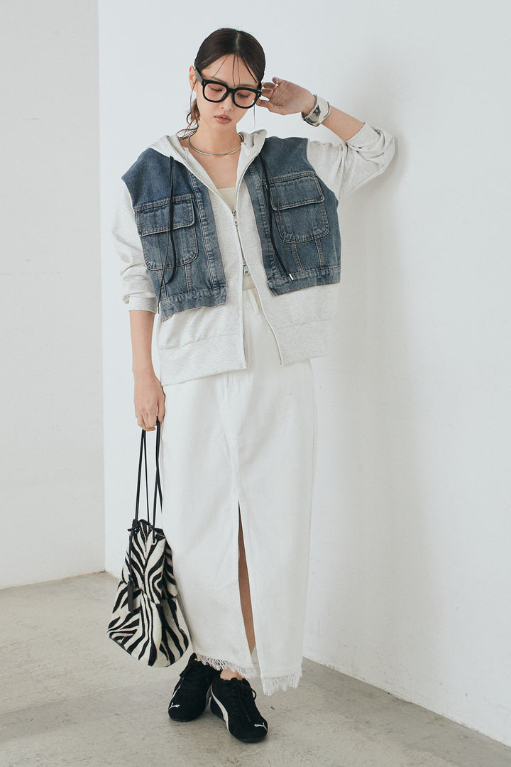 [SET]デニム切替ポンチダブルジップパーカー+裾レースデザインデニムスカート(2set)