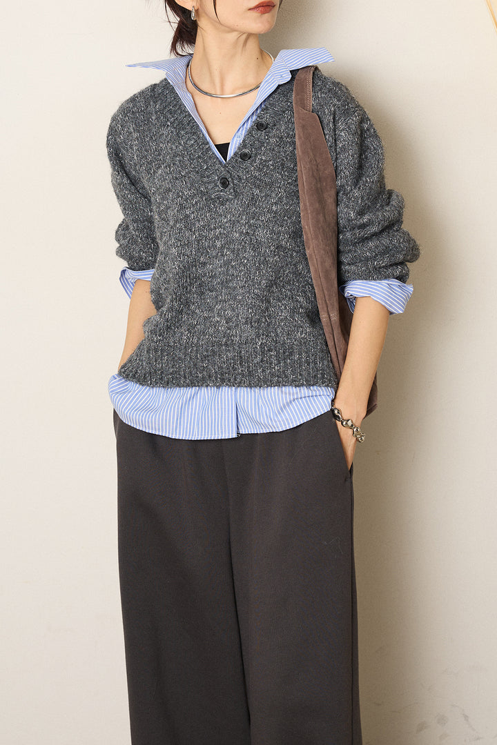 [SET]ストライプシャツドッキングニットポロトップス+裏起毛スウェットワイドパンツ(2set)