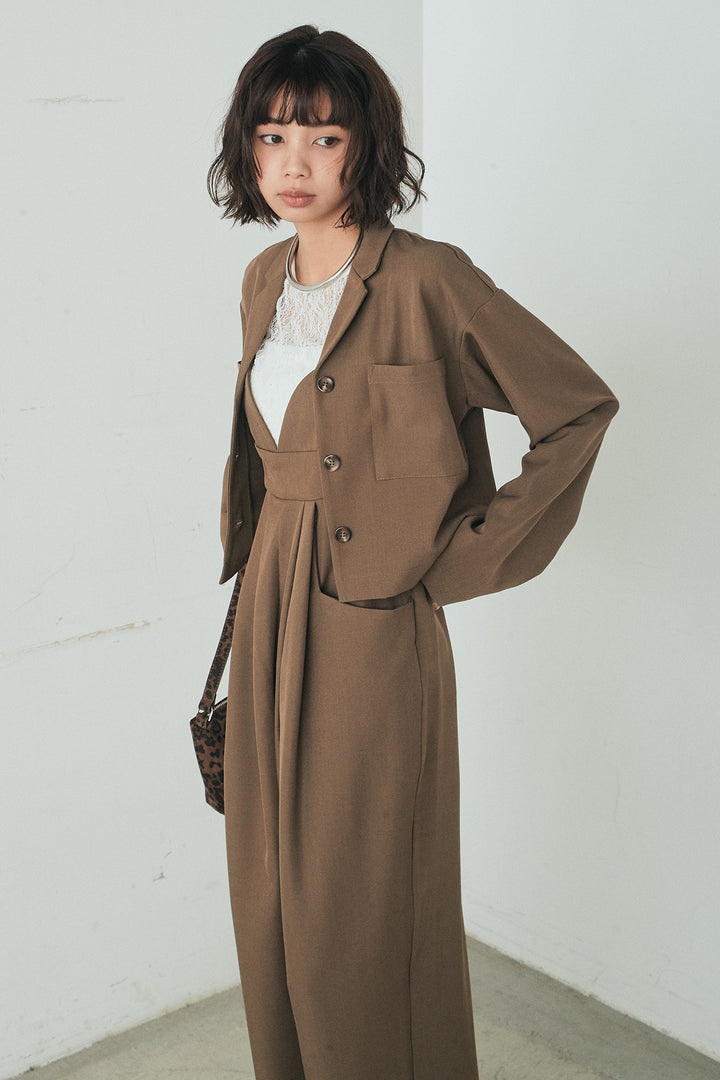 [SET]バックジップデザインショートツイルジャケット+キャミロングオールインワン+ストレッチレースクルーネックインナー(3set)