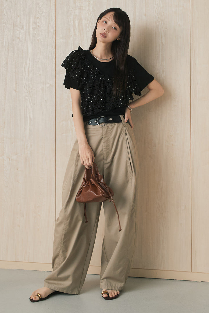 [SET]ドットアシメフリルデザインTシャツ+サークルバックルベルト付きタックワイドパンツ(2set)