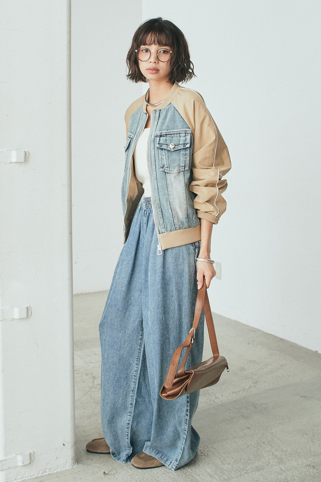 [SET]ナイロンデニムドッキングブルゾン+テンセルデニムイージーワイドパンツ(2set)