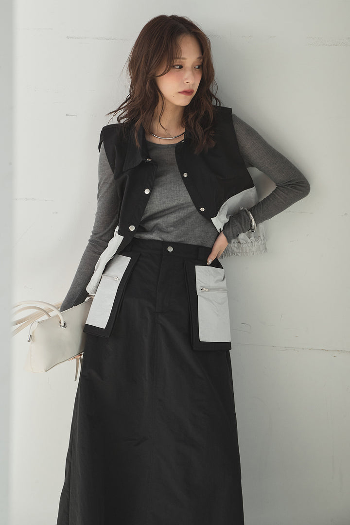 [SET]襟付きナイロンベスト+サイドデザインナイロンスカート(2set)