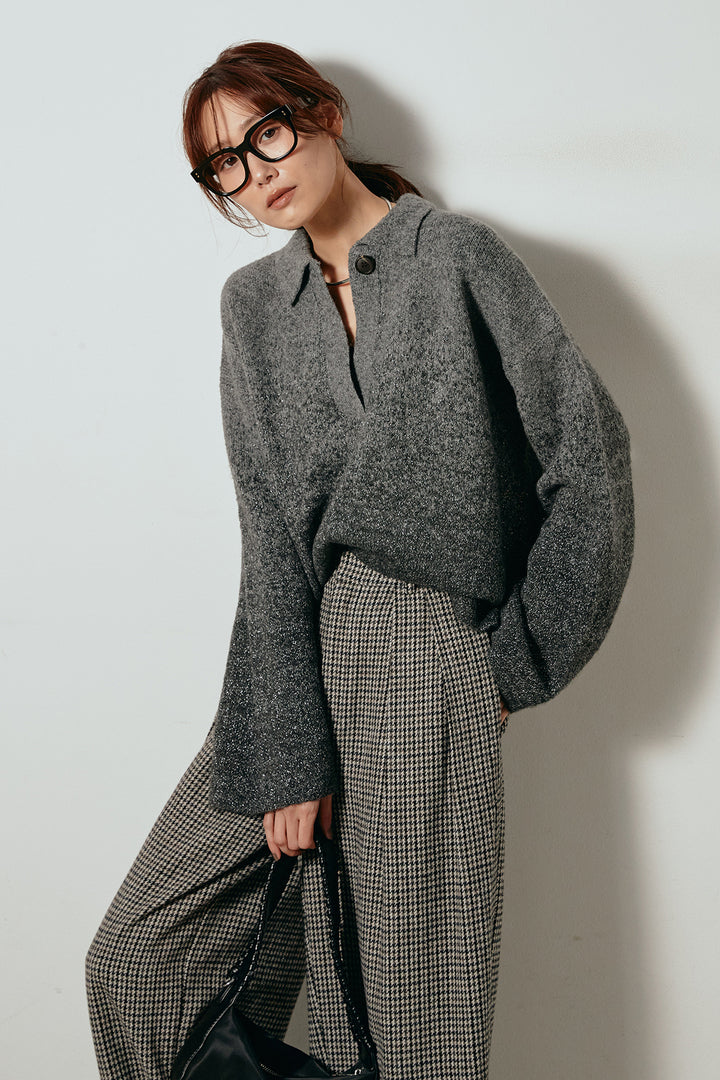 [SET]グラデーションラメニットキーネックプルオーバー+ガンクラブチェックタックパンツ(2set)