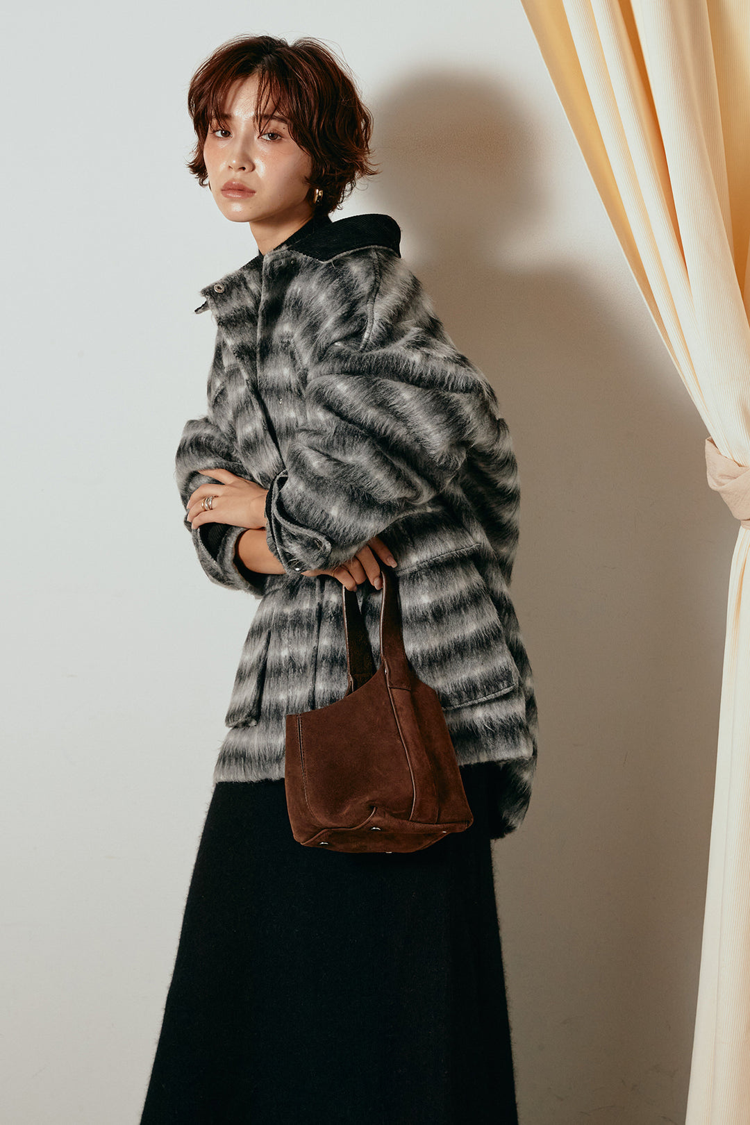 [SET]チェックシャギーミドルカバーオール+ノースリーブニットロングワンピース(2set)