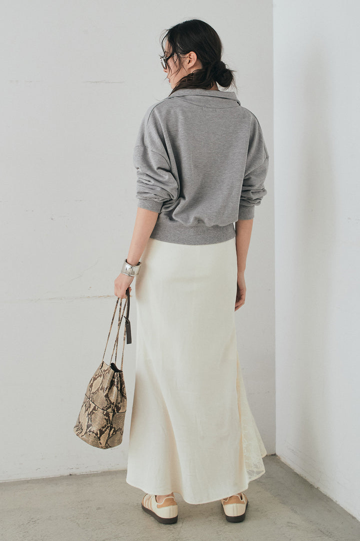 [SET]裏毛ロゴ刺繍ハーフZIPスウェット+刺繍レースデザインサテンスカート(2set)