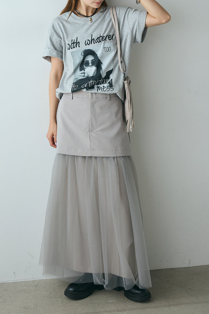 [SET]モノトーンフォトプリントTシャツ+切り替えデザインボリュームチュールスカート(2set)