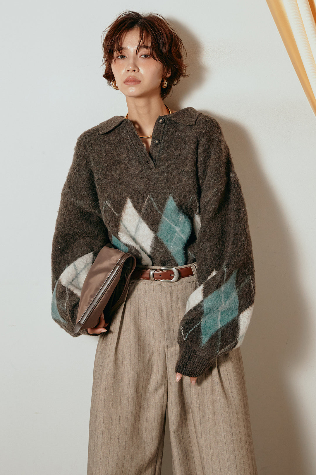 [SET]アーガイル柄ポロニットトップス+ストライプヘリンボーンパンツ(2set)