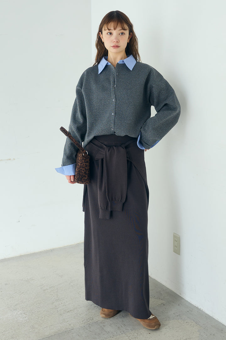 [SET]シャツレイヤード風カーディガン+レイヤードニット巻きスカート(2set)