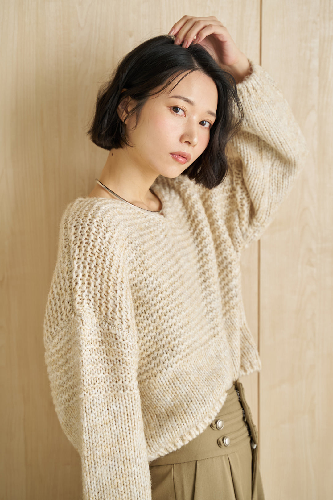 [SET]ランダム編みVネックプルオーバー+ナポレオンボタンデザインワイドパンツ(2set)