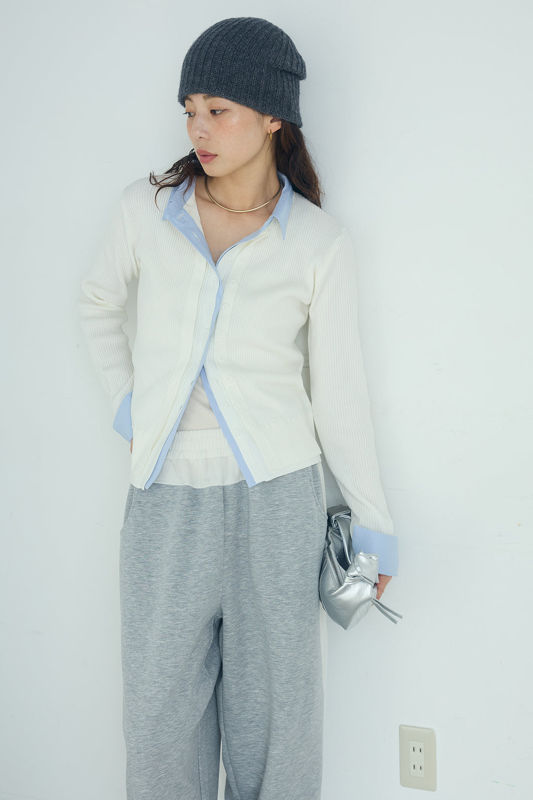 [SET]シャツドッキングボタンニットカーディガン+異素材切り替えスウェットパンツ(2set)