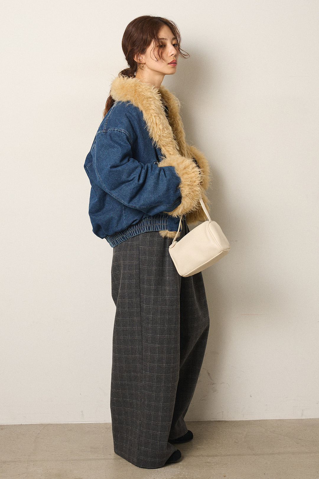 [SET]エコファーデニムボアジャケット+ウールライクチェックタックパンツ(2set)