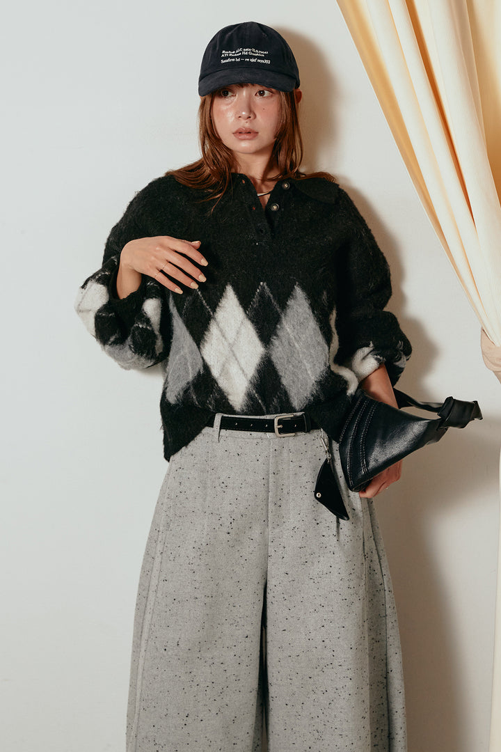 [SET]アーガイル柄ポロニットトップス+ベルト付きネップツイードカーブパンツ(2set)