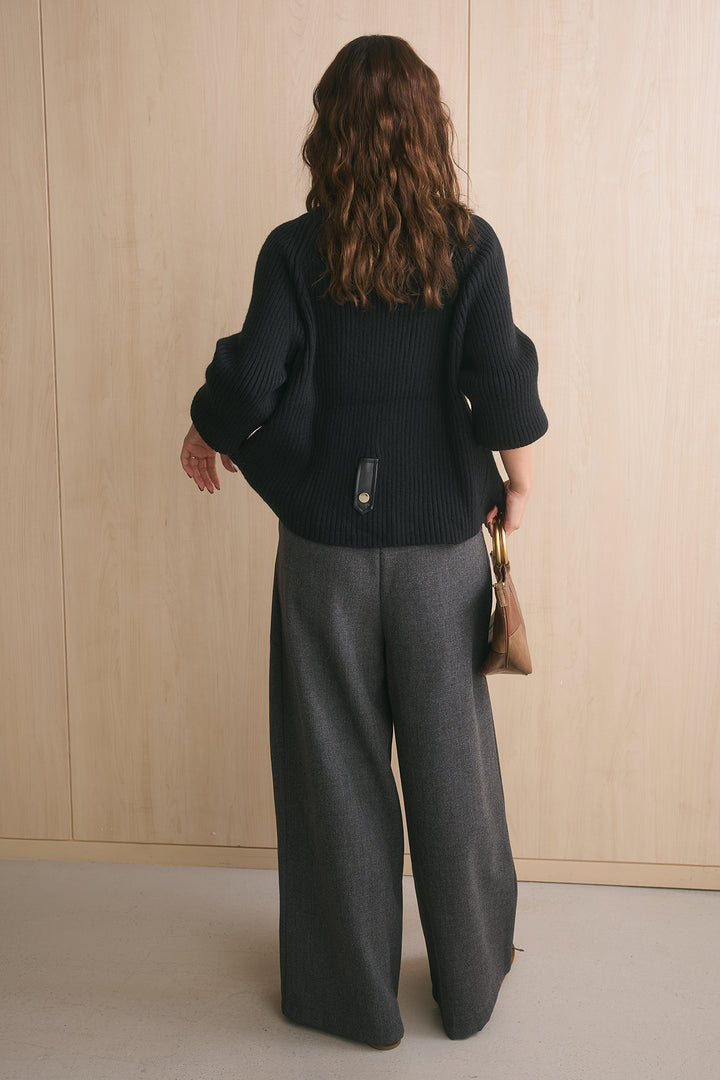 [SET]リブ編みレザーコンビべルト付きブルゾン+ナポレオンボタンデザインタック入りパンツ(2set)