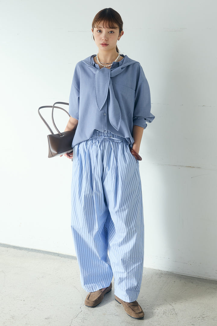 [SET]無地タイ付フーディーBIGシャツ+ランダムストライプタックギャザーパンツ(2set)