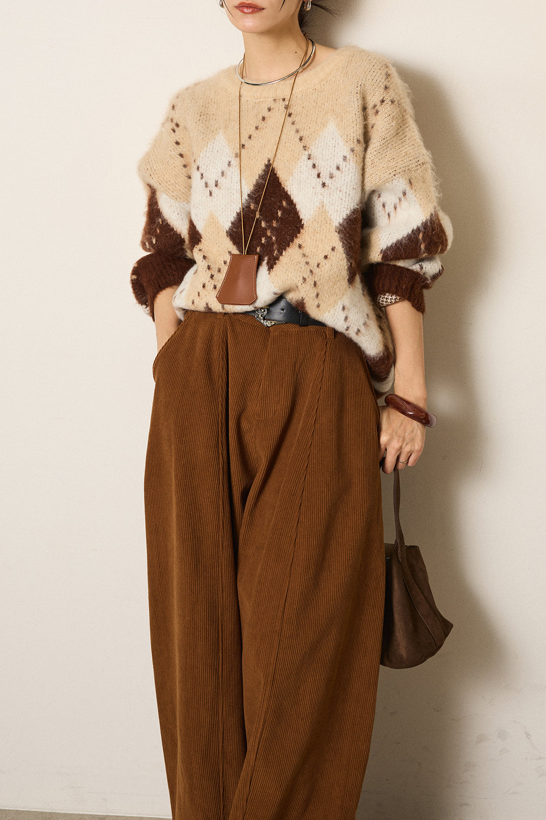 [SET]配色アーガイル柄ニットトップス+ベルト付きコーデュロイワイドパンツ(2set)