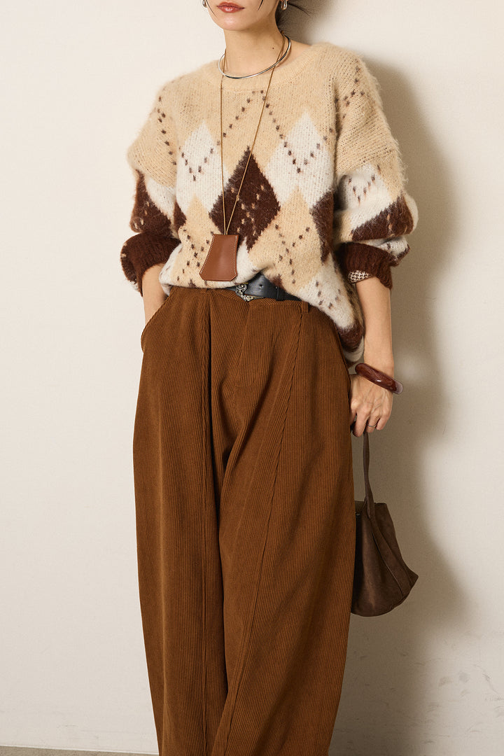 [SET]配色アーガイル柄ニットトップス+ベルト付きコーデュロイワイドパンツ(2set)