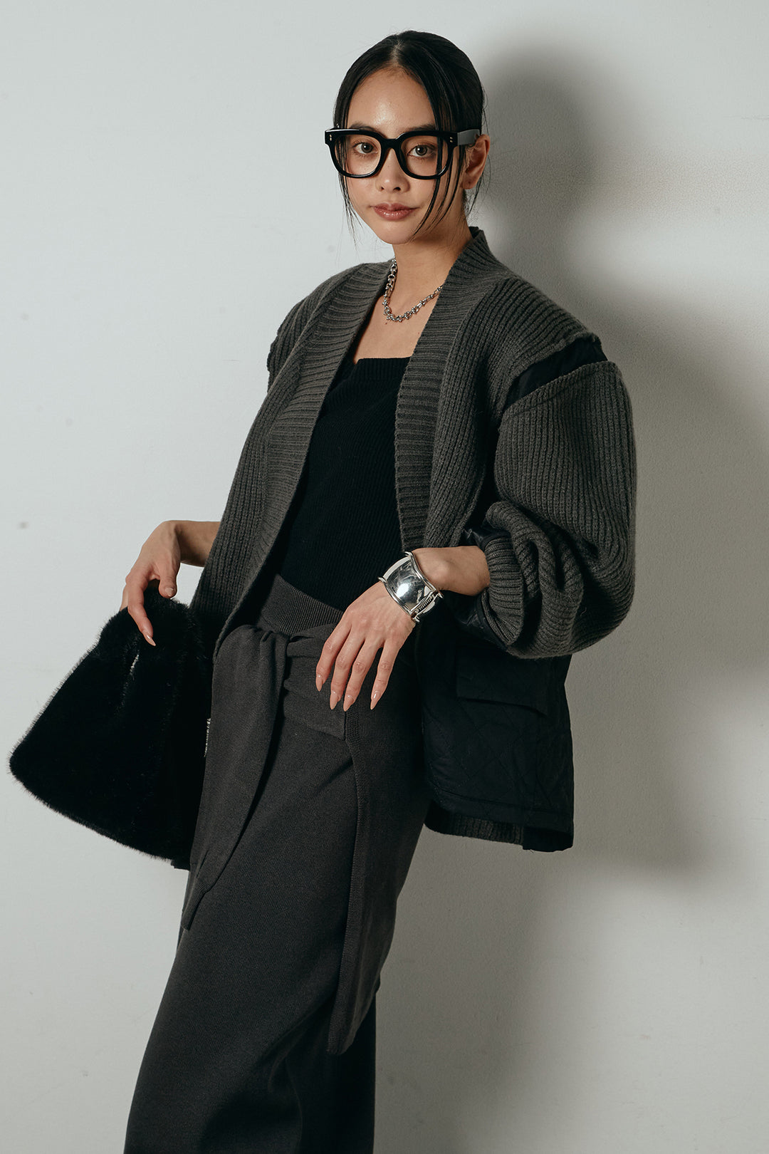 [SET]キルティング切り替えニットカーディガン+ウエストラップ巻きニットスカート(2set)