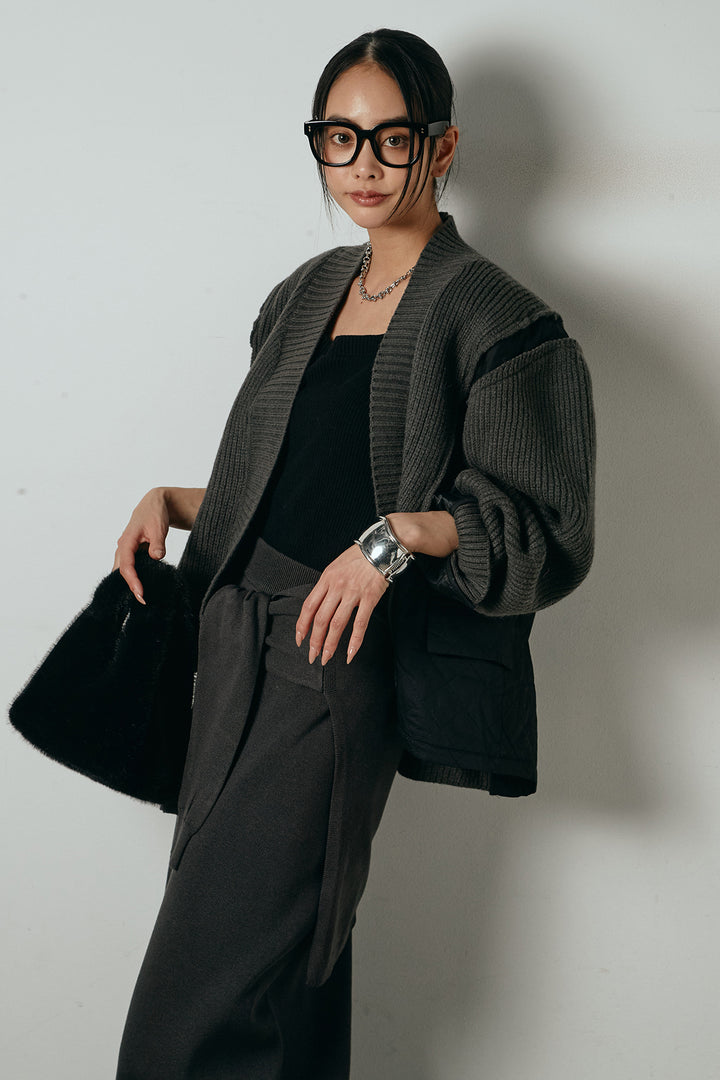 [SET]キルティング切り替えニットカーディガン+ウエストラップ巻きニットスカート(2set)