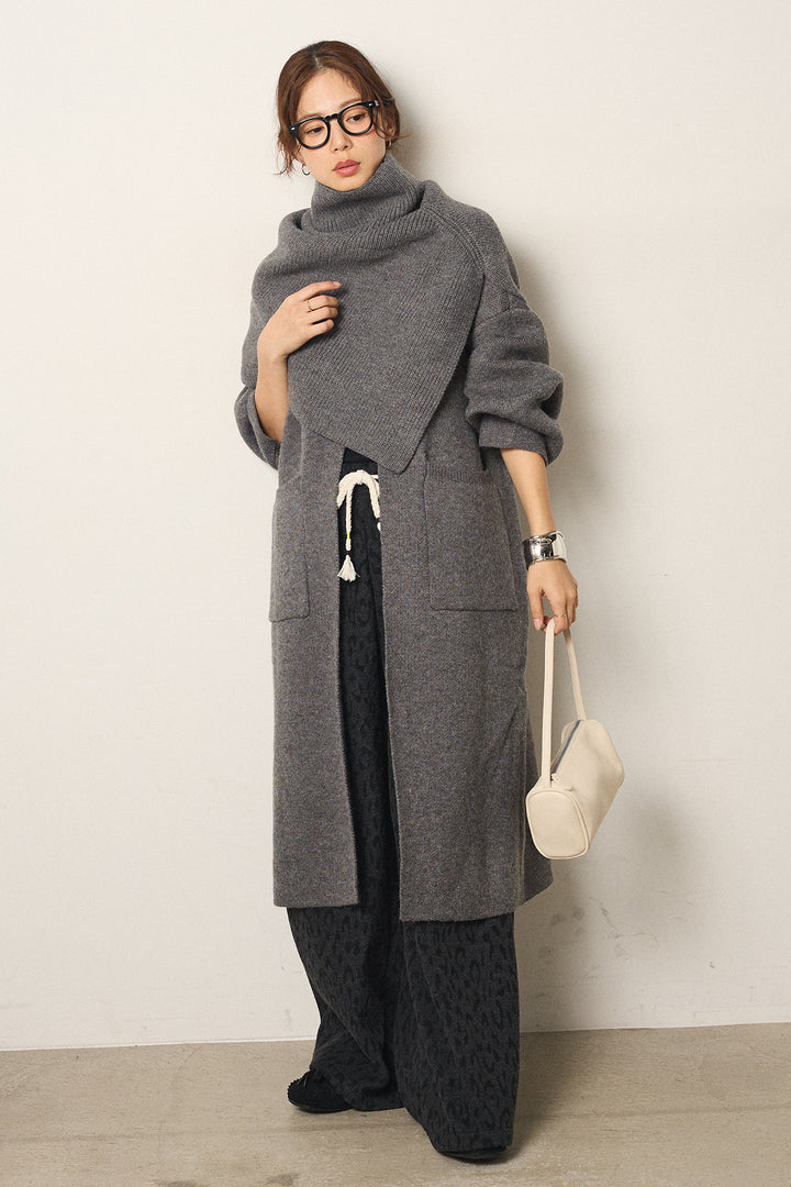 [SET]ケープレイヤードロングカーディガン+レオパードジャガードニットパンツ(2set)