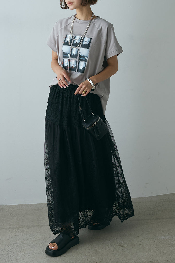 [SET]フォトプリントラグランTシャツ+ミックスレース刺繍スカート(2set)