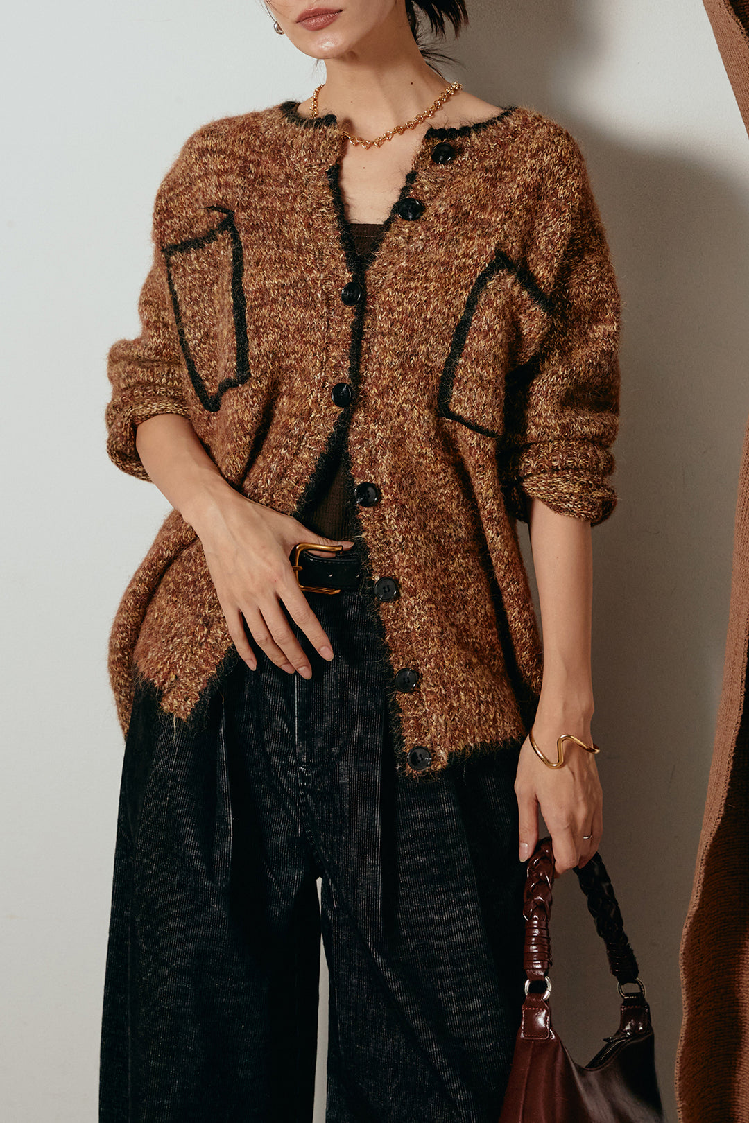 [SET]ミックスニットポケットカーディガン+フロントタック入りコーデュロイパンツ(2set)