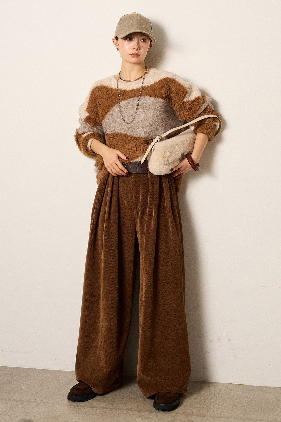 [SET]シャギーウェーブ柄クルーネックニットトップス+ベルトループコーデュロイワイドパンツ(2set)