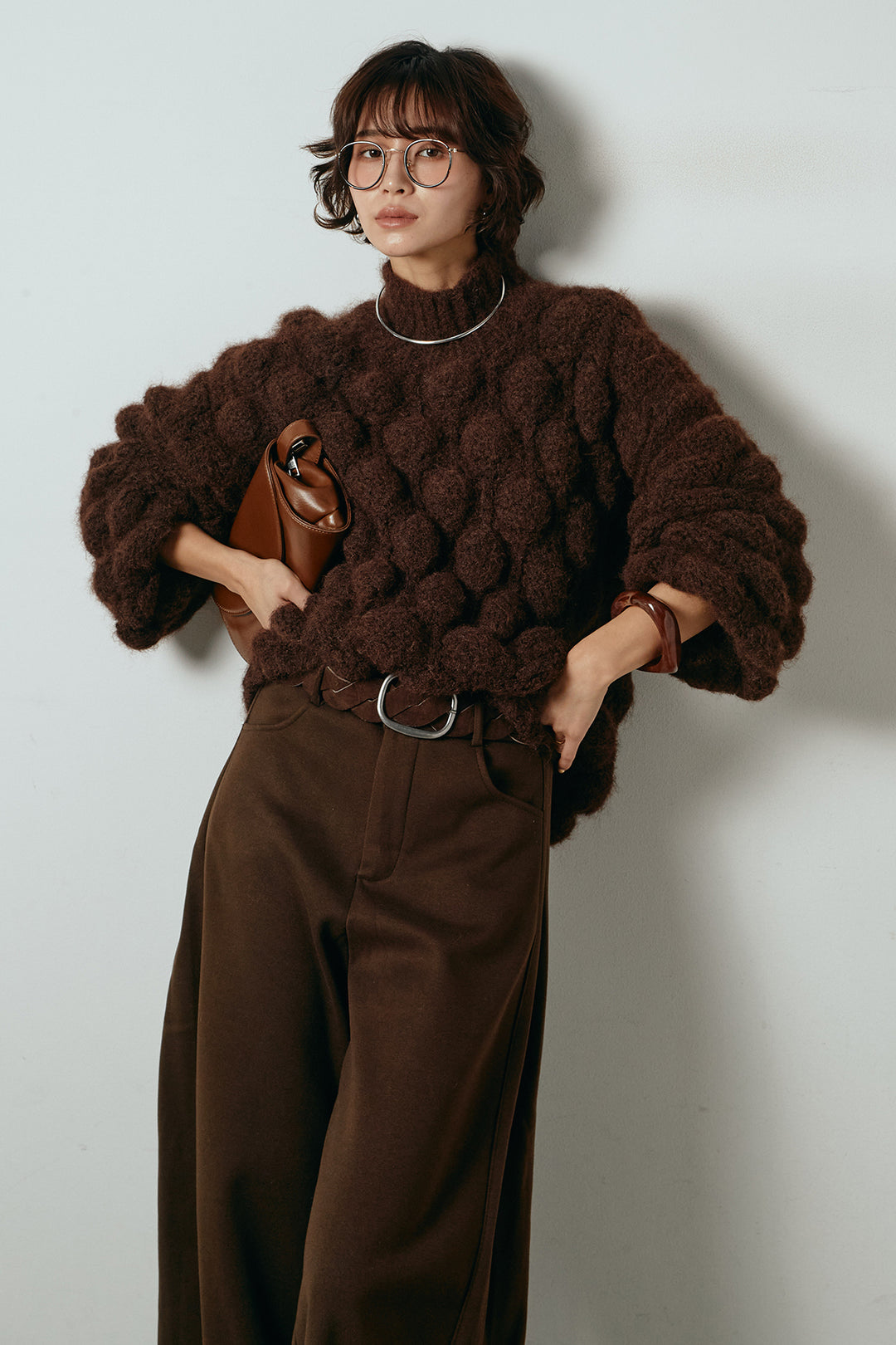 [SET]ボリュームポップコーンニットトップス+編みベルト付きワイドパンツ(2set)