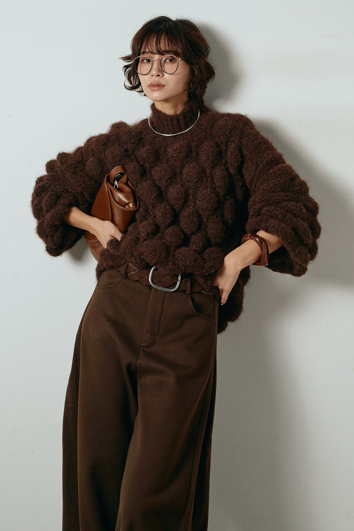 [SET]ボリュームポップコーンニットトップス+編みベルト付きワイドパンツ(2set)