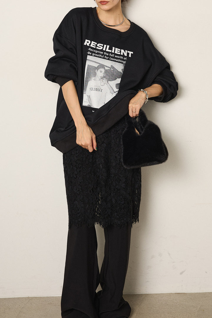[SET]モノトーンプリントスウェット+レース刺繍レイヤードフレアパンツ(2set)