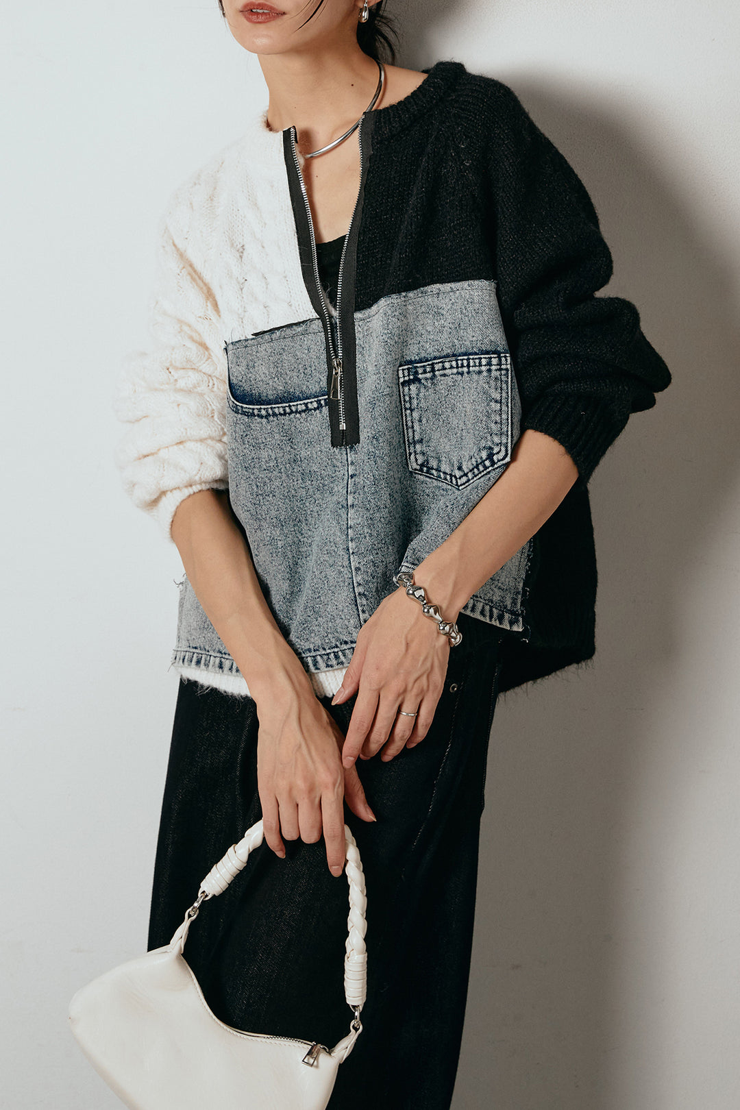 [SET]ハーフジップニットデニムドッキングトップス+ウエストダブルボタンワイドデニムパンツ(2set)