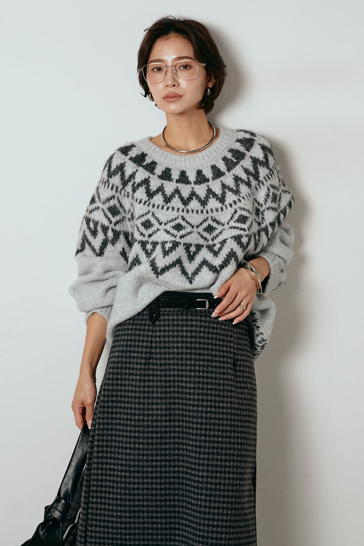 [SET]ノルディック柄Uネックプルオーバー+スエード調ベルト付きチェックナロースカート(2set)