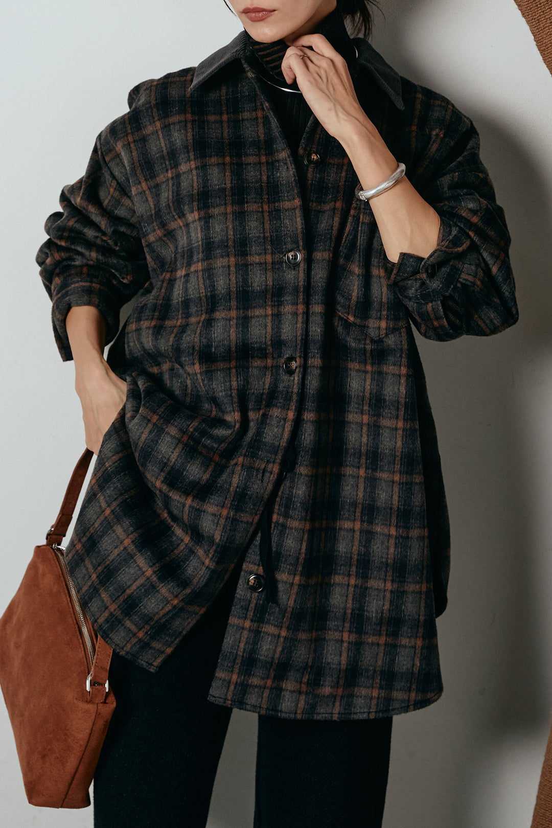 [SET]シャギーチェックシャツジャケット+ワイドリブニットイージーパンツ(2set)