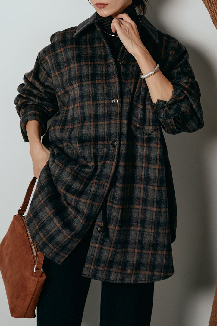 [SET]シャギーチェックシャツジャケット+ワイドリブニットイージーパンツ(2set)