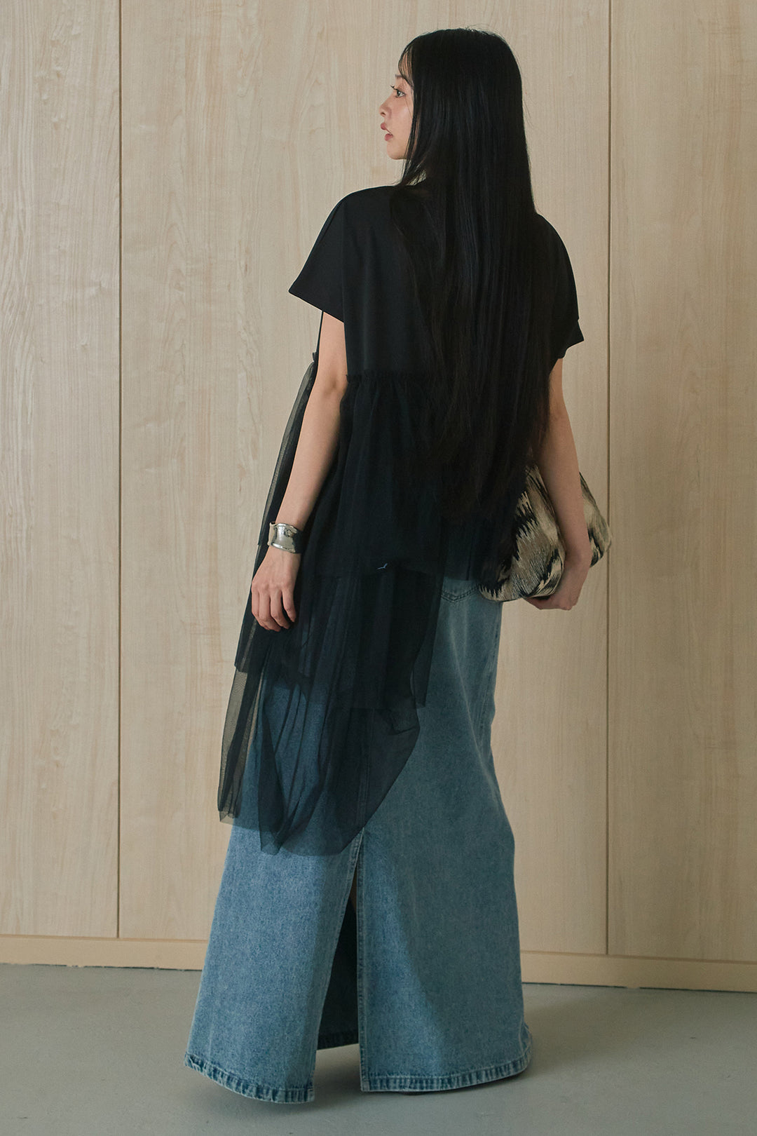 [SET]アシンメトリーチュールフリルTシャツ+デニムロングフレアスカート(2set)