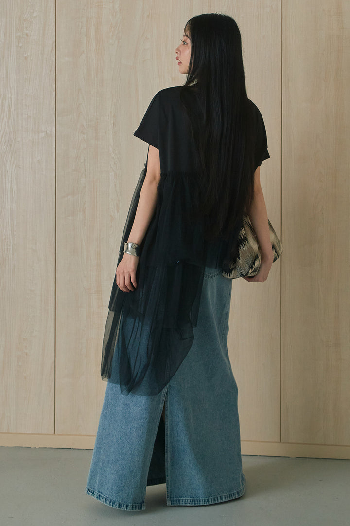 [SET]アシンメトリーチュールフリルTシャツ+デニムロングフレアスカート(2set)