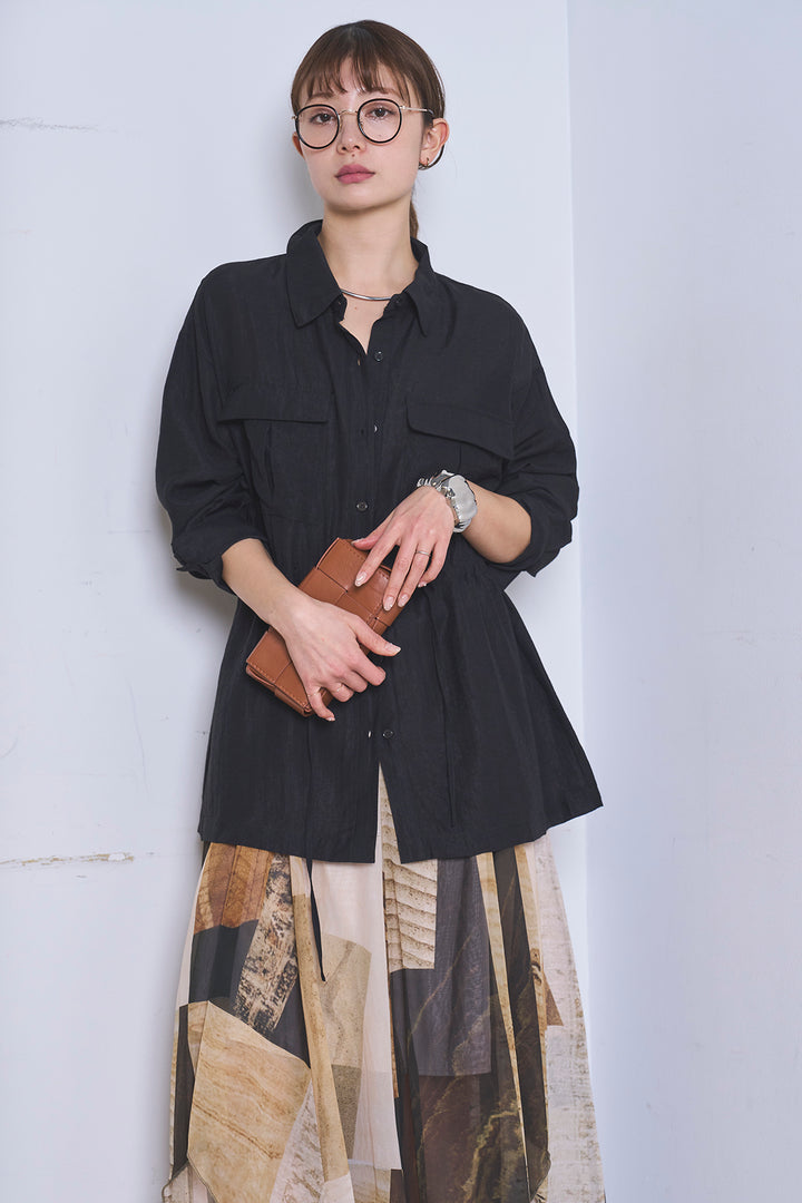 [SET]リネンブレンドシアーサファリシャツ+アートペイント柄スカート(2set)