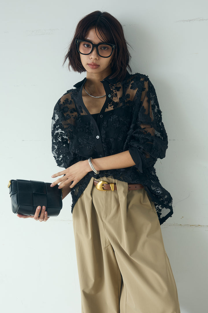 [SET]立体フラワー刺繍レースシャツ+ベルトループデザインハイウエストタックパンツ(2set)