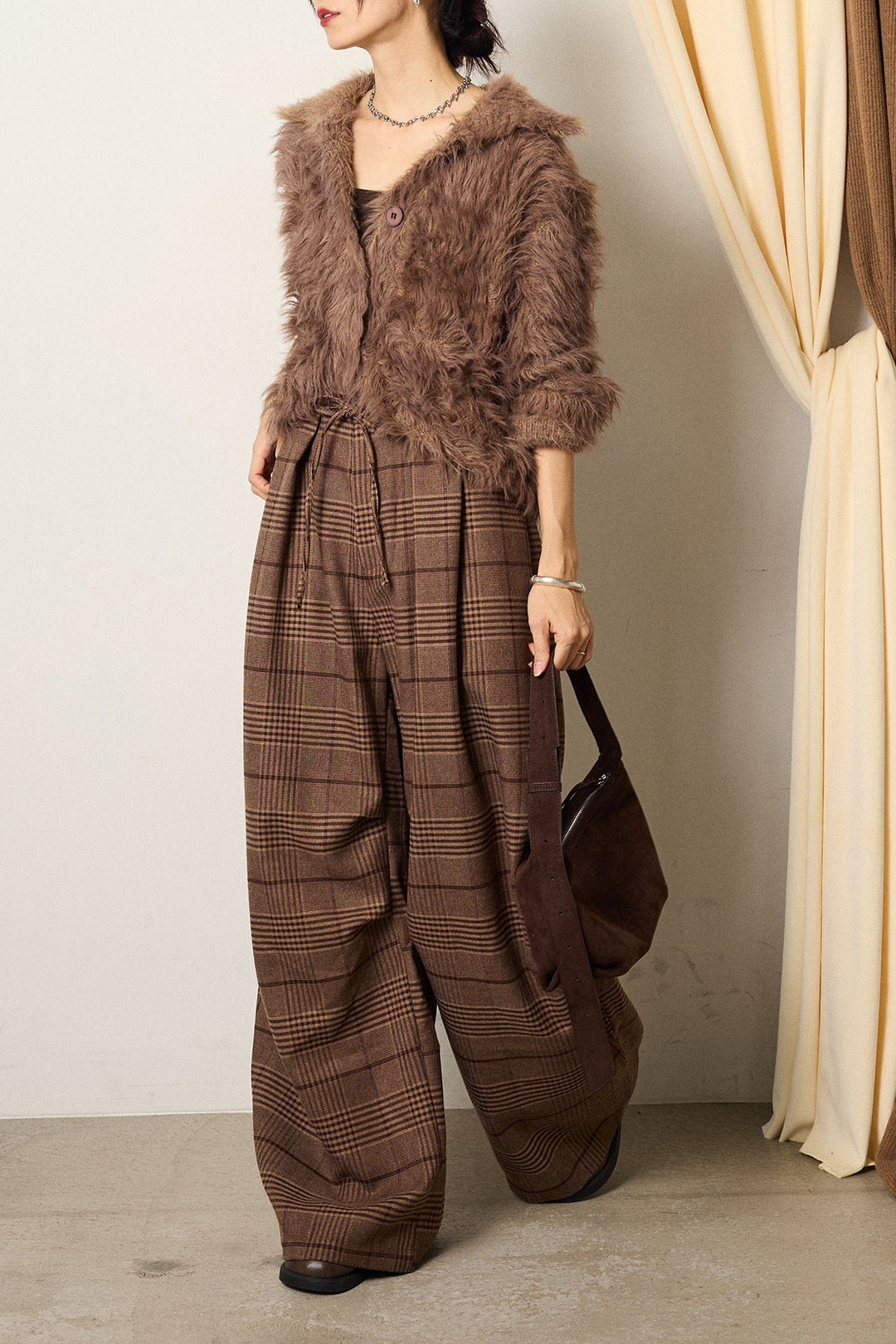 [SET]襟付きシャギーニットカーディガン+グレンチェックルーズタックパンツ(2set)