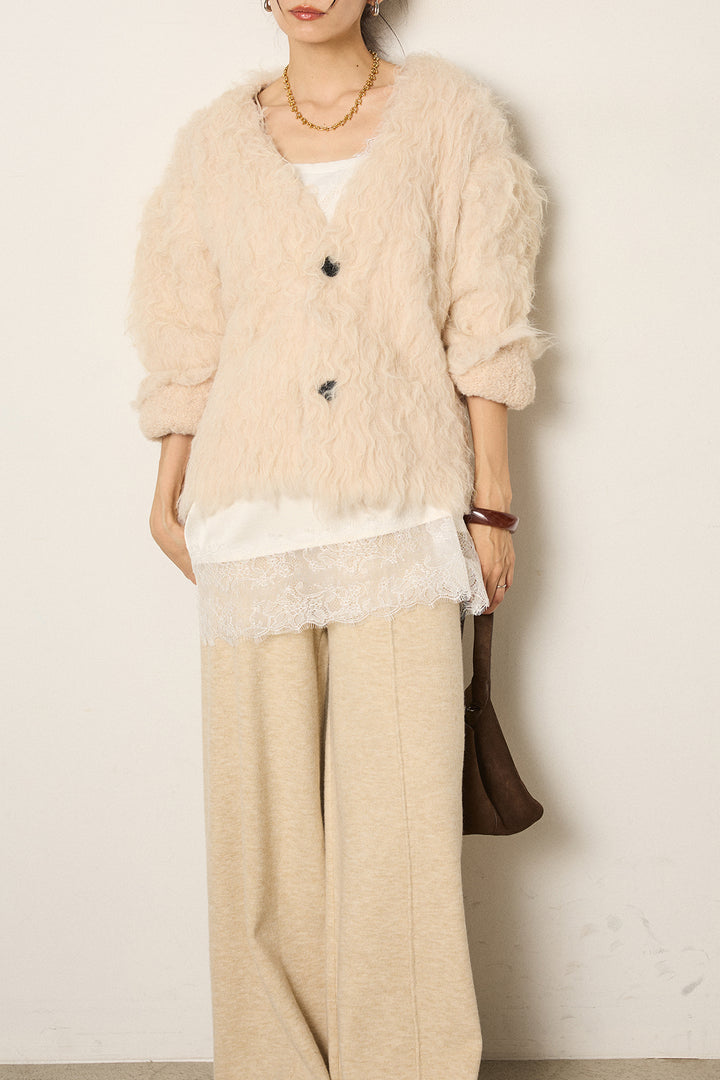 [SET]起毛シャギーニットカーディガン+センターラインニットパンツ+レース切り替えキャミソール(3set)