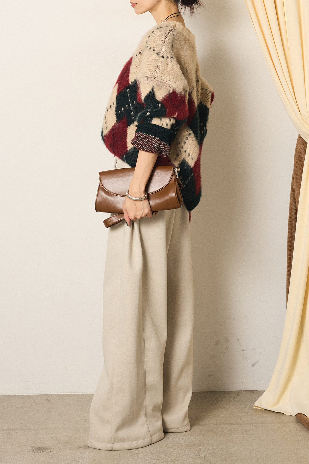 [SET]配色アーガイル柄ニットトップス+編みベルト付きワイドパンツ(2set)