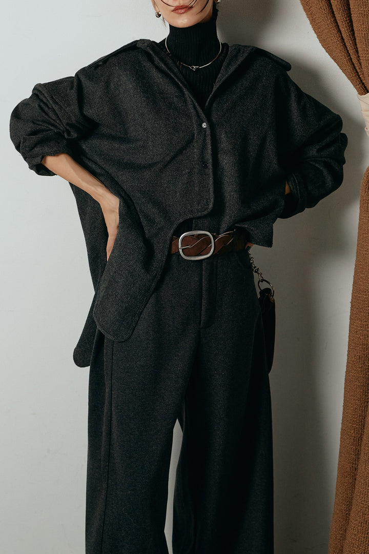 [SET]裾アシンメトリーデザインシャツ+編みベルト付きワイドパンツ+リブニットシームレスタートルプルオーバー(3set)