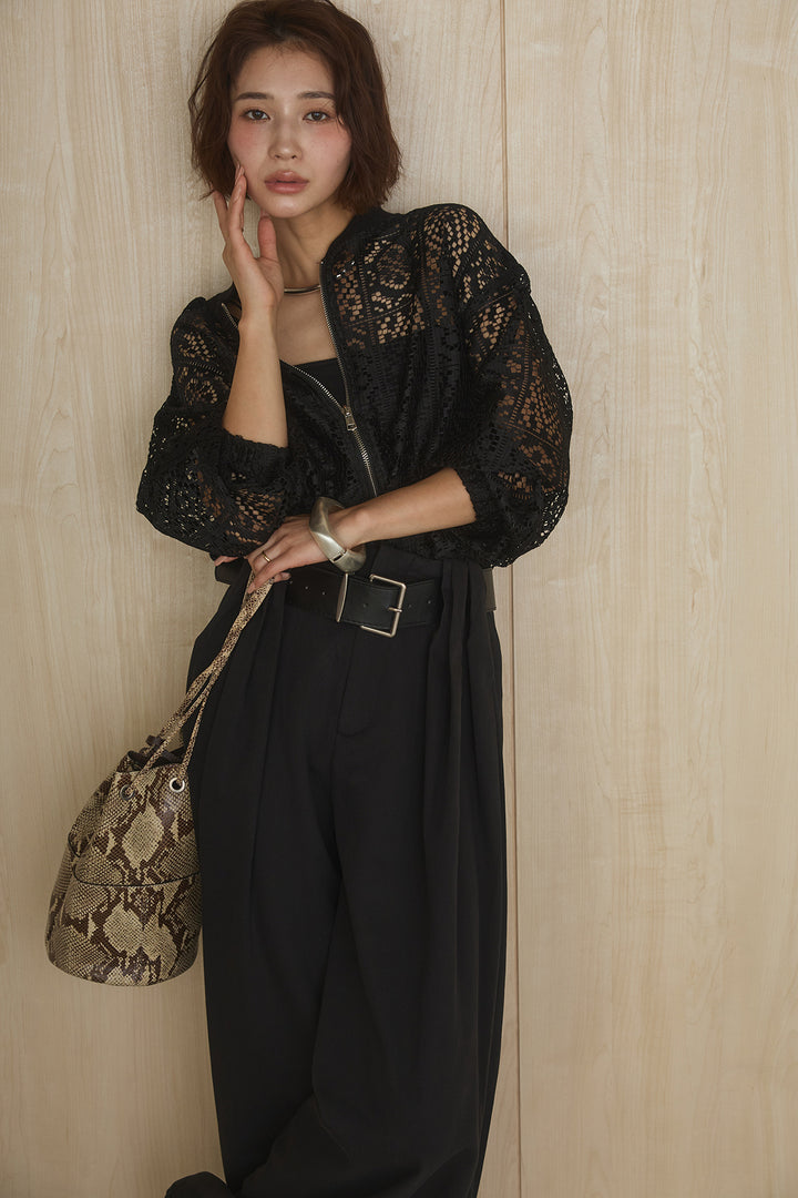 [SET]幾何レースブルゾン+ベルト付きビックループワイドパンツ(2set)