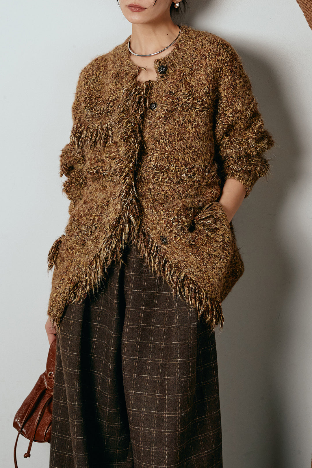 [SET]フリンジニットカーディガン+ウールライクチェックタックパンツ(2set)