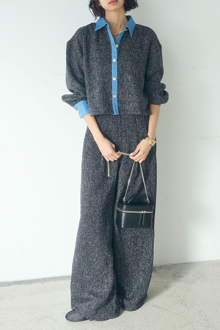 [SET]ツイード×デニムショート丈シャツ+ツイード×デニムハイウエストラインロングパンツ(2set)