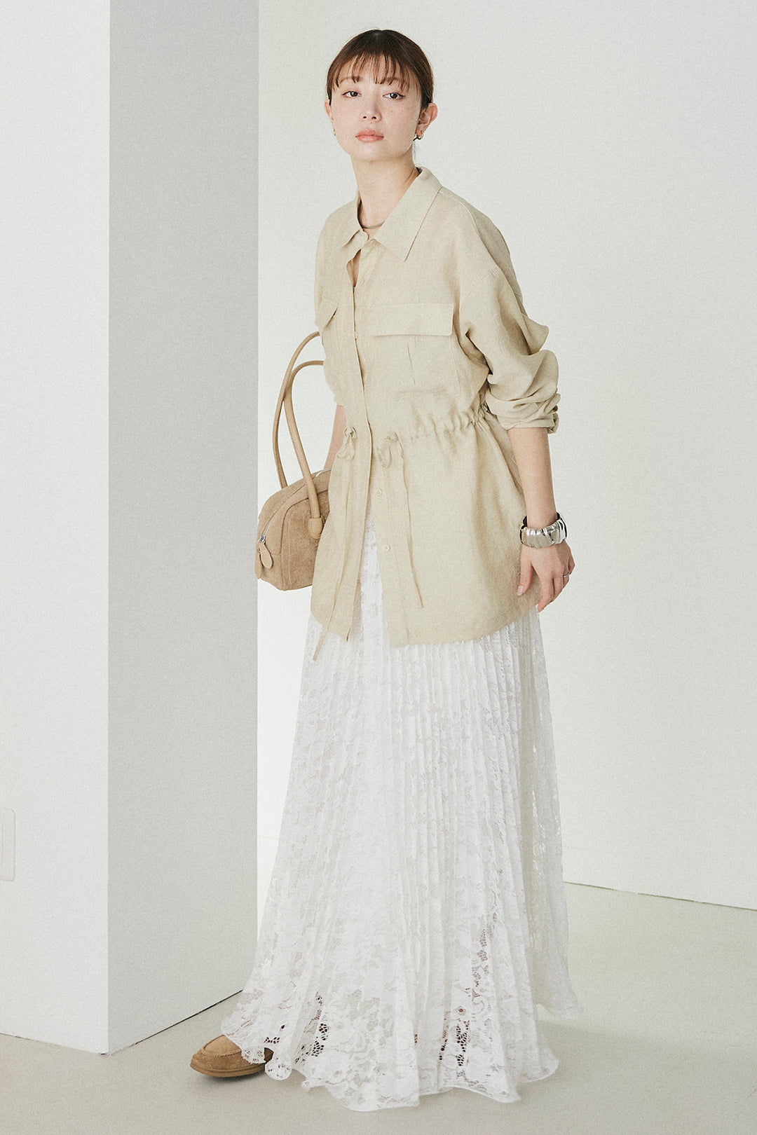 [SET]リネンブレンドシアーサファリシャツ+リラックスプリーツスカート(2set)