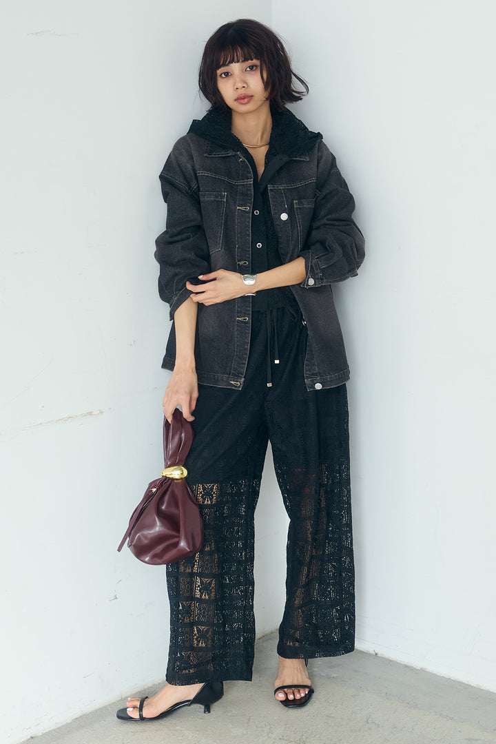 [SET]パッチワークレースショート丈フードシャツ+パッチワークレースイージーパンツ(2set)