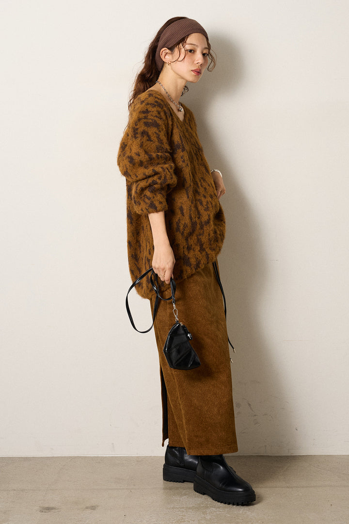 [SET]フラッフィーレオパードシャギーニット+ロープベルト付きスウェード調スカート(2set)