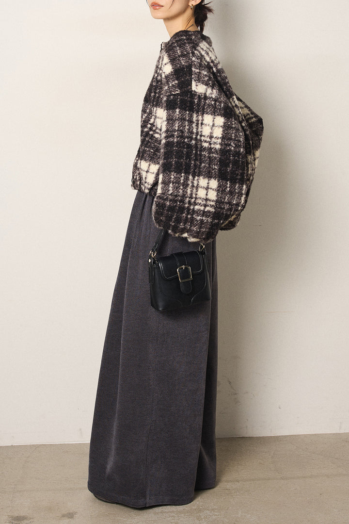 [SET]ノーカラーチェック柄ボアブルゾン+ベルトループコーデュロイワイドパンツ(2set)